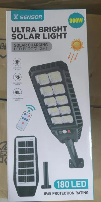 Lampă Solară Stradală IP67, 300W, Senzor Mișcare, Telecomandă, 6500K Alb Rece